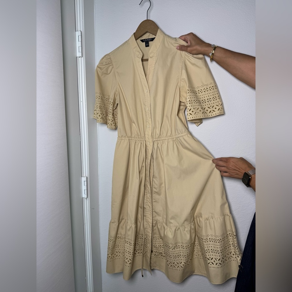 Ralph Lauren Elegant Beige Eyelet Midi Dress